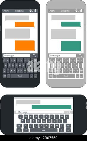 Smartphone mit leeren Textblasen und Tastaturvektorvorlage. Messaging und SMS verwenden die Abbildung eines Smartphones Stock Vektor