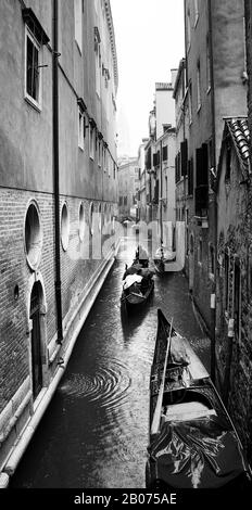 Stadt Venedig, Italien, Europa. Schwarz-Weiß-Touristen auf Gondeln in engen Kanälen bei Regen Stockfoto