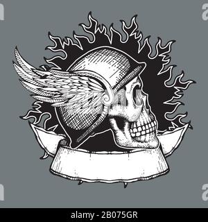 Retro Motorrad Vector T-Shirt Design Biker-Schädel-Emblem. Biker-Tattoo-Helm mit Flügelabbildung Stock Vektor