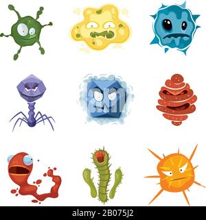Vektor-Cartoon hässliche Virus-Charaktere, Monster-Grippe-Mikroben gesetzt. Hässliche Abbildung der Mikroorganismensammlung Stock Vektor