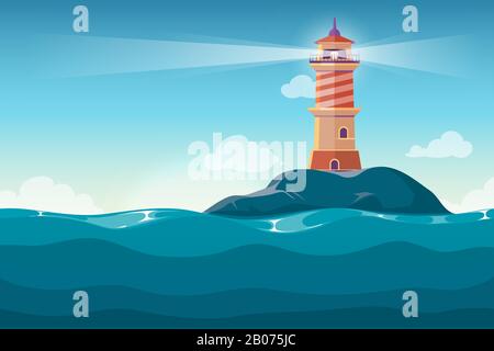 Leuchtturm auf Stein Insel Cartoon Vektor Hintergrund. Beacon in Ocean für Navigationsdarstellung Stock Vektor