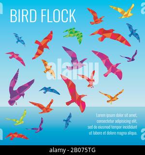 Abstrakter Vektorhintergrund mit Farbsilhouetten fliegender Vögel. Farbige Seegulden über Meer Stock Vektor