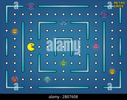 Pacman wie Videospiele mit Geistern, Labyrinth und Benutzeroberflächenvektor. Retro-Spiel mit Zeichentrick-Monsterillustration Stock Vektor