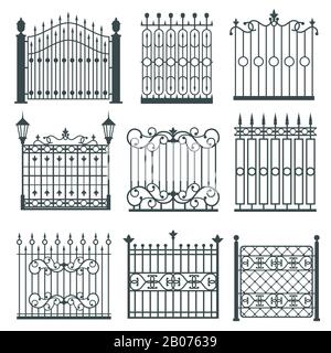 Tore aus Metalleisen, Gitter, Zäune mit ornamentalem Antikmuster. Vektorgrafiken Stock Vektor