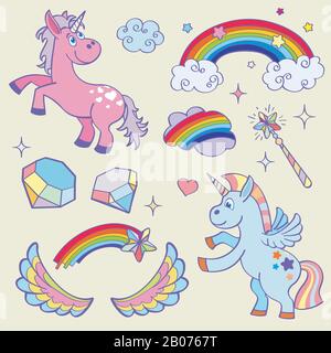 Niedliches Zaubereinhorn, Regenbogen, Feenflügel, Zauberstab, Sterne und Kristalle Vektor-Set. Abbildung: Pink Pony und Wolken Stock Vektor