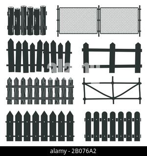 Ländliche Holzzäune, Pickets Vektorsilhouetten. Abbildung: Gerader Palling für Schutz und Sicherheit Stock Vektor