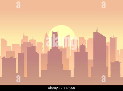 Vector City flache Skyline. Abbildung: Urbanes Panorama - Sonnenaufgang oder Sonnenuntergang Stock Vektor