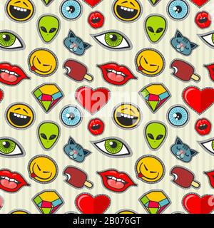 Vector Cartoon Patch nahtloses Muster. Eis- und Smiley-, Alien- und Diamantabbildung Stock Vektor
