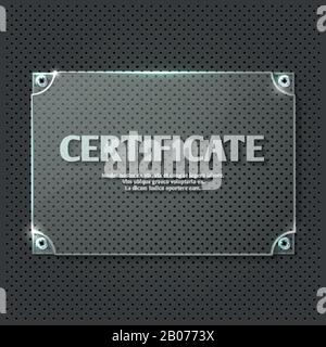 Zertifikatdesign auf Vektor-Mockup aus Glasplatte. Abbildung des transparenten Vorlagenfelds Stock Vektor
