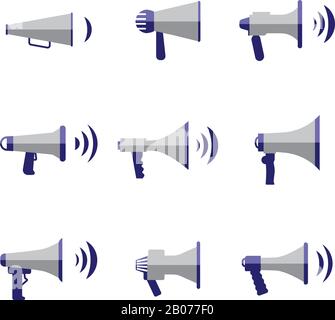 Bullhorn und Megafon, Kommunikation, Sound, Lautsprecher Vektor-Flat-Icons gesetzt. Illustration für Musikwiederversteller Stock Vektor