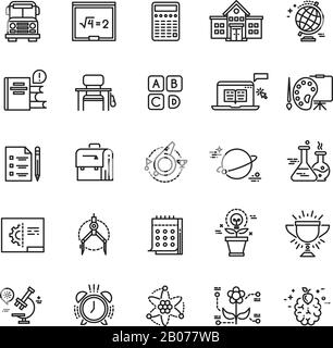 Bildung, Schule, Wissenschaft, Lernen von Thin Line Vector Icons. Ausbildung in der Hochschule, Lehramt für Chemieillustration Stock Vektor