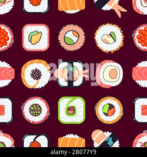 Japanisches Sushi-Vektor, nahtloses Muster. Hintergrund mit Illustrationen zu Meeresfrüchten Stock Vektor