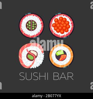 Vektorvorlage mit schwarzem Sushi-Bar-Logo. Set mit Emblem für Restaurantdarstellung Stock Vektor