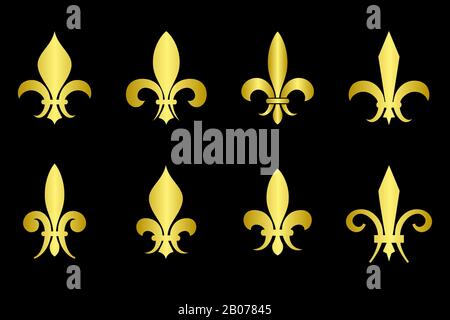 Goldenes Fleur de LIS setzt schwarzen Hintergrund. Goldene Darstellung des heraldischen Emblems Stock Vektor