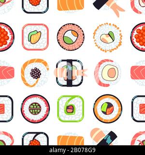 Japanisches Sushi-Vektor, nahtloses Muster. Design Hintergrund Fisch und Meeresfrüchte Illustration Stock Vektor