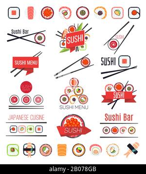 Japanische Sushi-Bar oder Restaurant-Menü-Vektor. Großer Satz von Logotyp Illustration Stock Vektor