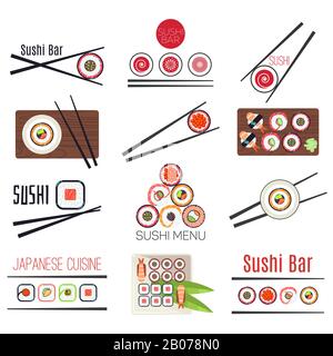 Japanische Sushi-Bar oder Restaurant-Menü-Vektor. Satz Logo mit Rollen-Abbildung Stock Vektor