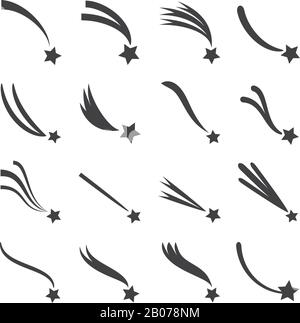 Fallen, Schießen von Sternen, Meteoriten und Kometen mit Schwänzen-Vektorsymbolen gesetzt. Komet mit Rückfall-Abbildung Stock Vektor