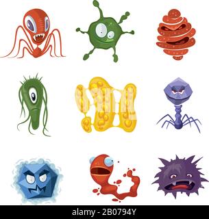 Bakterienviruskeime Cartoon-Vektorfiguren, Grippe und unterstützt Mikroben. Micro-Funny-Monsterillustration Stock Vektor