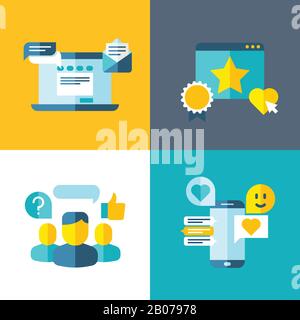 Kundenservice, Kundenumfrage, Feedback, Hintergrund des Bewertungskonzepts in flachem Stil. Web-Kommunikation mit Client-Illustration Stock Vektor