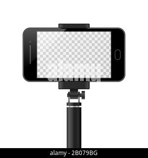 Smartphone-Vektor-Vorlage mit leerem Bildschirm und Monopod. Selfie, Selbstporträt-Mockup. Modernes Gadget mit Stick für Fotoabbildung Stock Vektor