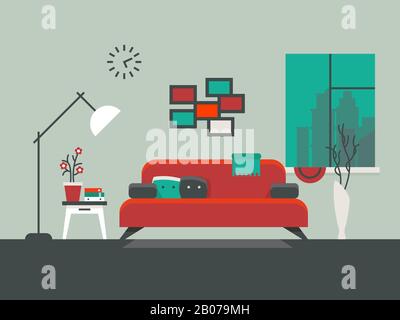 Home Innenansicht des Wohnzimmers Vektor Illustration. Tisch und Sofa, Wohnung mit Fenster Stock Vektor