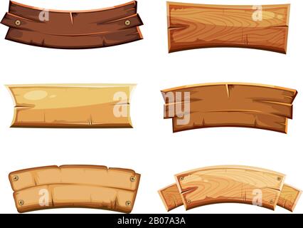 Cartoon Holz leere Banner und Bänder, westliche Zeichen Vektor gesetzt. Holzbanner und Vintage-Rahmen-Plank-Illustration Stock Vektor