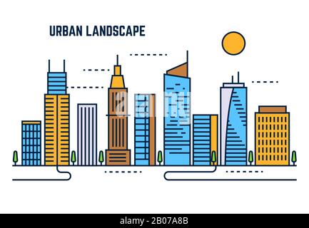 Städtisches Stadtbild mit flachem Linienvektor. Gebäudearchitektur in der Innenstadt, Wolkenkratzer in der Business City Illustration Stock Vektor