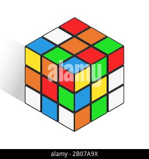 Isometrischer Logikwürfel Spielzeugvektor Symbol ähnlich rubik Würfel. Quadratisches Farbspielzeugobjekt mit logischer Konstruktionszeichnung Stock Vektor