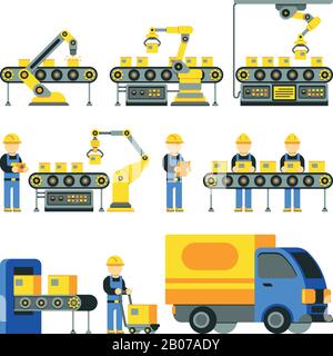 Fertigungsprozess mit Vektor-Flachsymbolen der Fertigungsstraße. Abbildung der Fertigungseinrichtungen und der Industrietechnik Stock Vektor
