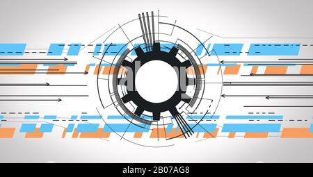 Hintergrund Der Abstrakten Technologie Mit Pfeilen, Die Auf Cog Zeigen Stockfoto