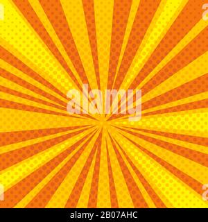 Pop Art Cartoon Retro-Blast, Sonnenbraus-Vektor-Hintergrund mit Halbton gepunktete Textur. Cartoon-Illustration mit hellem Lichtstreifen Stock Vektor