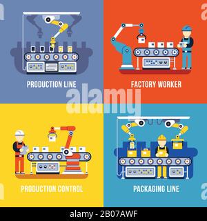 Fertigungsindustrie, Produktionslinie, Vektorkonzepte für Fabrikarbeiter festgelegt. Abbildung der Fertigungs- und Managementförderer Stock Vektor