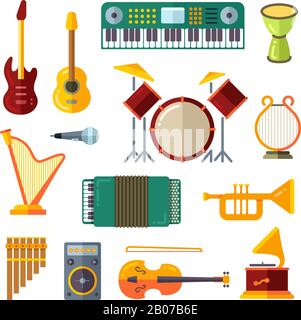 Flache Vektorsymbole für Musikinstrumente. Gitarre und Klavier, Trompete und Mikrofon-Illustration Stock Vektor