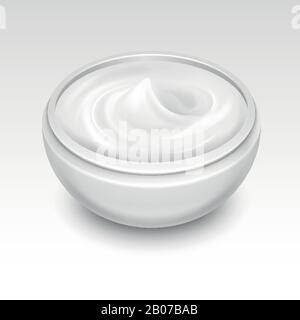 Schüssel mit weißer Creme isoliert auf weißer Hintergrundvektorillustration Stock Vektor