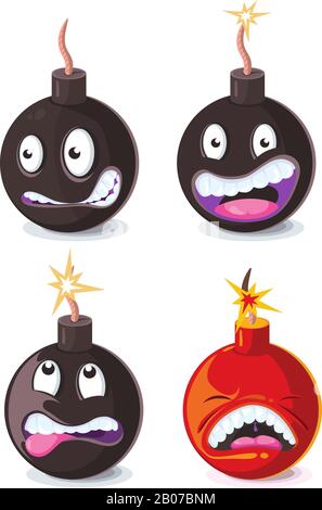 Lustige Cartoon Wicked Bombs Emoji-Vektor-Illustration. Animationszeichenbombe Stock Vektor