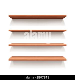 Leeres Wandbuchregal, Holzregale für Ladengeschäft und Inneneinrichtung. Vektorgrafiken Stock Vektor
