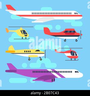 Flugzeug, Flugzeug, Flugzeug, Hubschrauber für Transport und Flugreise. Vektorgrafiken für flache Symbole Stock Vektor