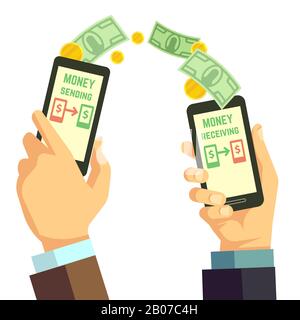 Drahtloses Senden von Geld mit dem Smartphone-Vektor-Banking-Konzept. Abbildung: Eingang und Versand von Zahlungsmitteln Stock Vektor