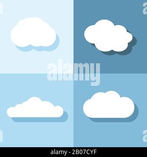 Wolkenflache Symbole mit Schatten auf blauem Hintergrund. Satz von Wolken. Vektorgrafiken Stock Vektor