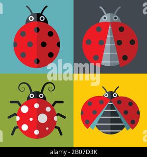 Ladybug Icons in flachem Stil auf Farbhintergrund mit langem Schatten. Vektorgrafiken Stock Vektor