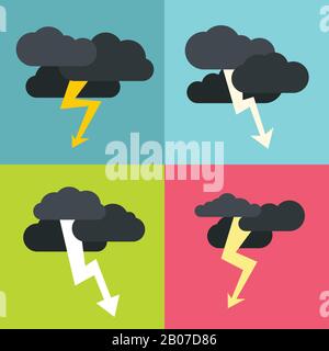 Gewitterwolken flache Symbole auf Farbhintergrund. Sturmzyklon mit dunklen Wolken. Vektorgrafiken Stock Vektor