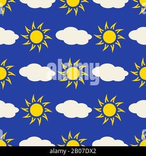 Gelbe Sonne und Wolken in blauem Himmel nahtloses Hintergrundmuster. Vektorgrafiken Stock Vektor