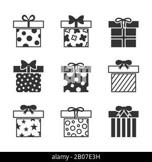 Vektorsymbole für Geschenkboxen in Schwarzweiß. Monochromer Kasten für Geburtstags-Illustration Stock Vektor