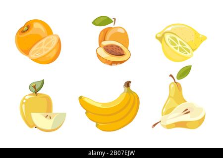 Vektor gelbe Früchte sammeln isoliert über weiß. Aprikose und Banane, Orange und Zitrone Stock Vektor