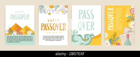 Passah-Grußwagen-Set. Seder pesach Einladung, Grußkartenvorlage oder Urlaubsflieger. Happy Passover in Englisch und Hebräisch. Stock Vektor