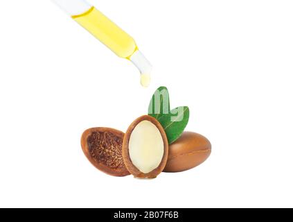 Arganöl isoliert. Argan-Samen mit Öl auf weißem Grund. Natürliche Biokomestik und Öle für Haut- und Haarpflege aus Marokko. Stockfoto