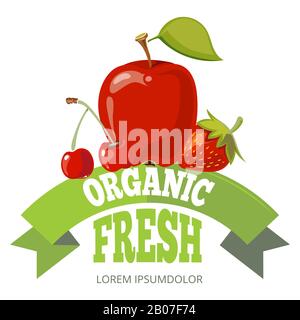 Logo, Etikett, Emblem für frisches Obst aus biologischem Anbau. Natürliche Lebensmittel für das Leben im Gesundheitswesen. Vektorgrafiken Stock Vektor