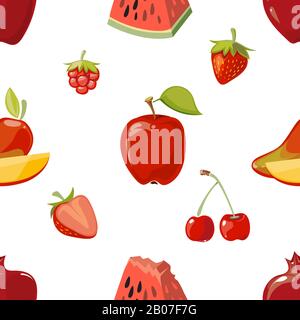 Rotes Obst nahtloses Muster über weißem Hintergrund. mango-apfel und Kirsche. Vektorgrafiken Stock Vektor