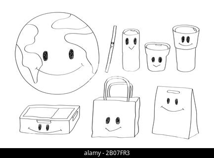 Süße Doodle Cartoon Erde und Waren, Papier- und Stoffbeutel, Flaschenbecher und Strohhalm. Stock Vektor